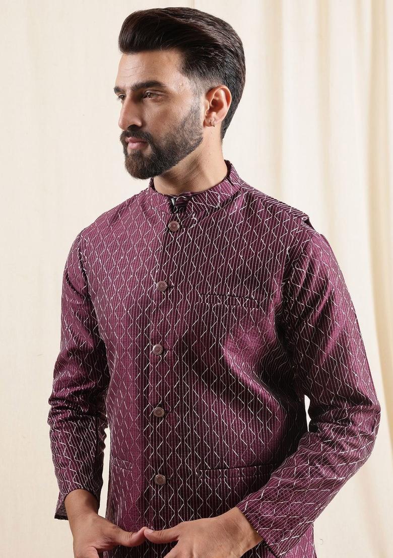 Purple Embroidered Silk Kurta Set For Men - Indya