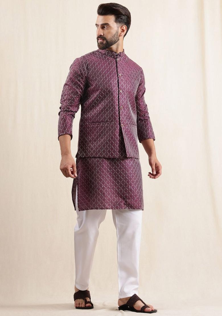 Purple Embroidered Silk Kurta Set For Men - Indya