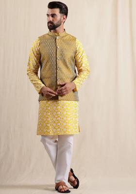 Yellow Embroidered Silk Kurta Set For Men