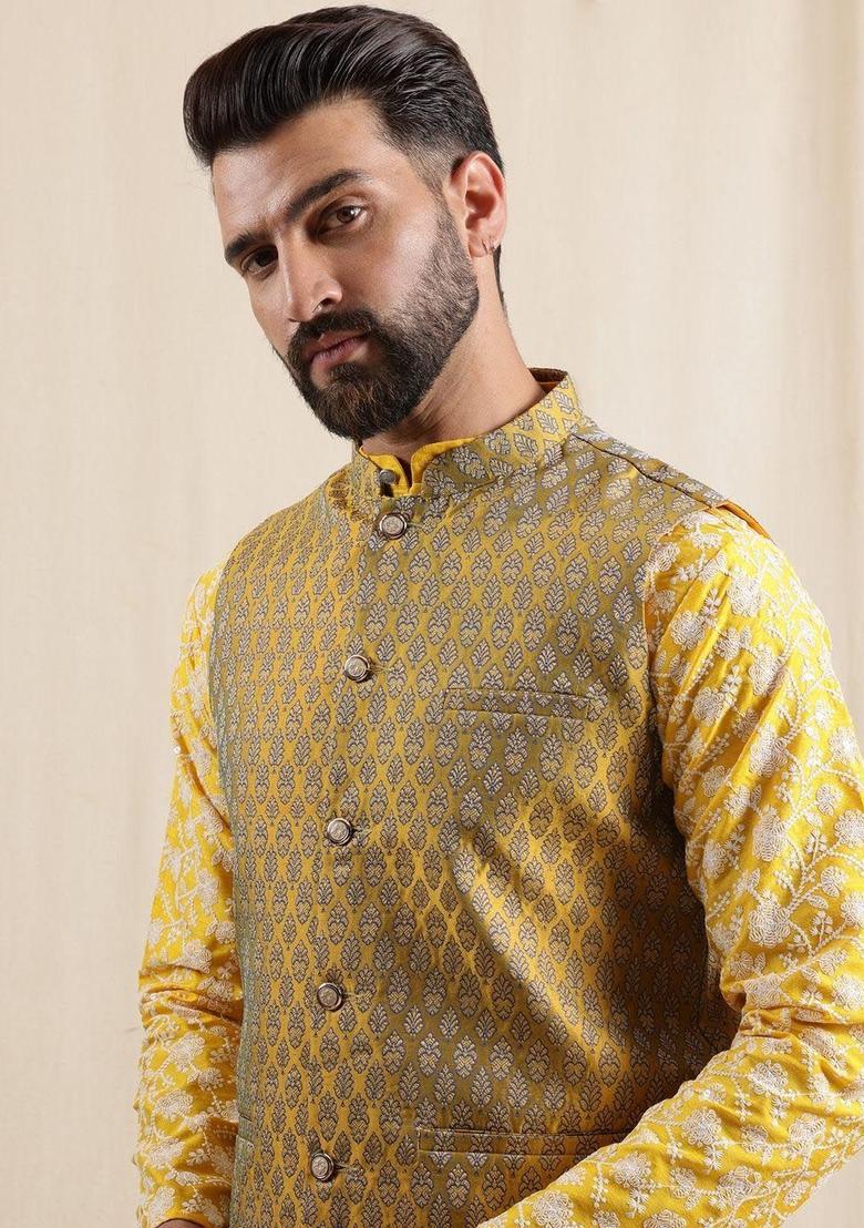 Yellow Embroidered Silk Kurta Set For Men - Indya