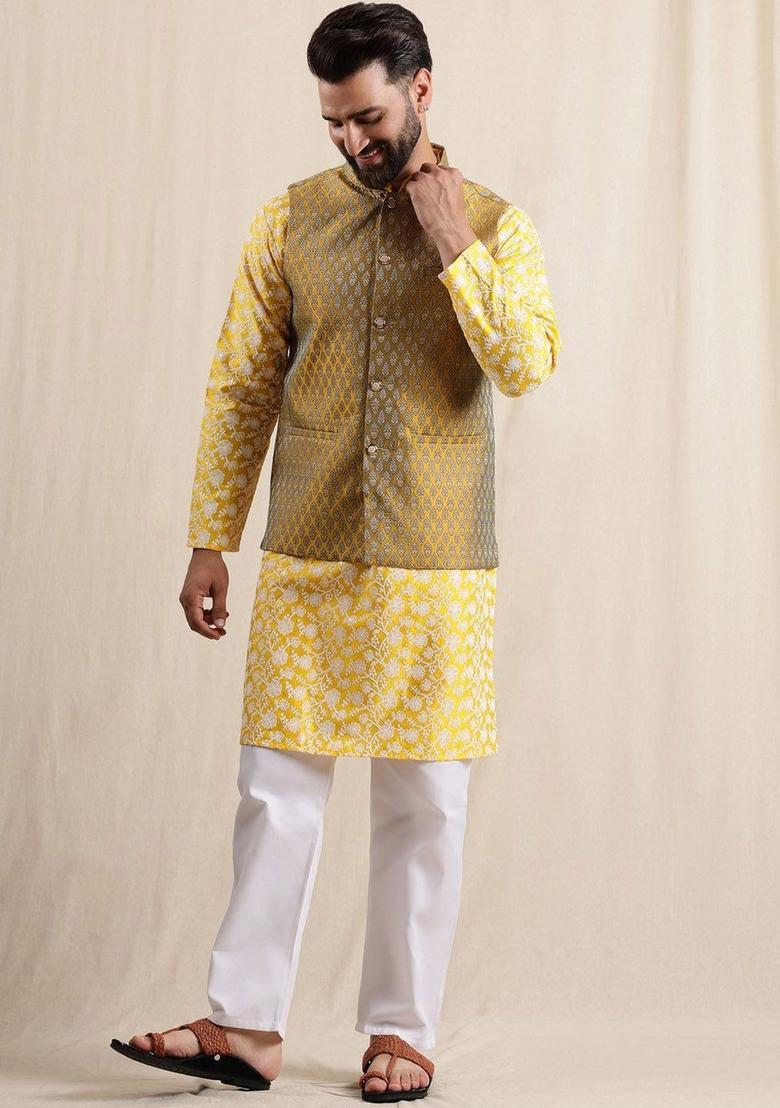 Yellow Embroidered Silk Kurta Set For Men - Indya