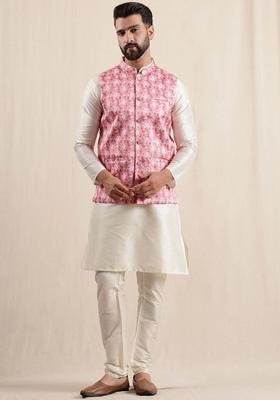 Beige Printed Silk Kurta Set For Men