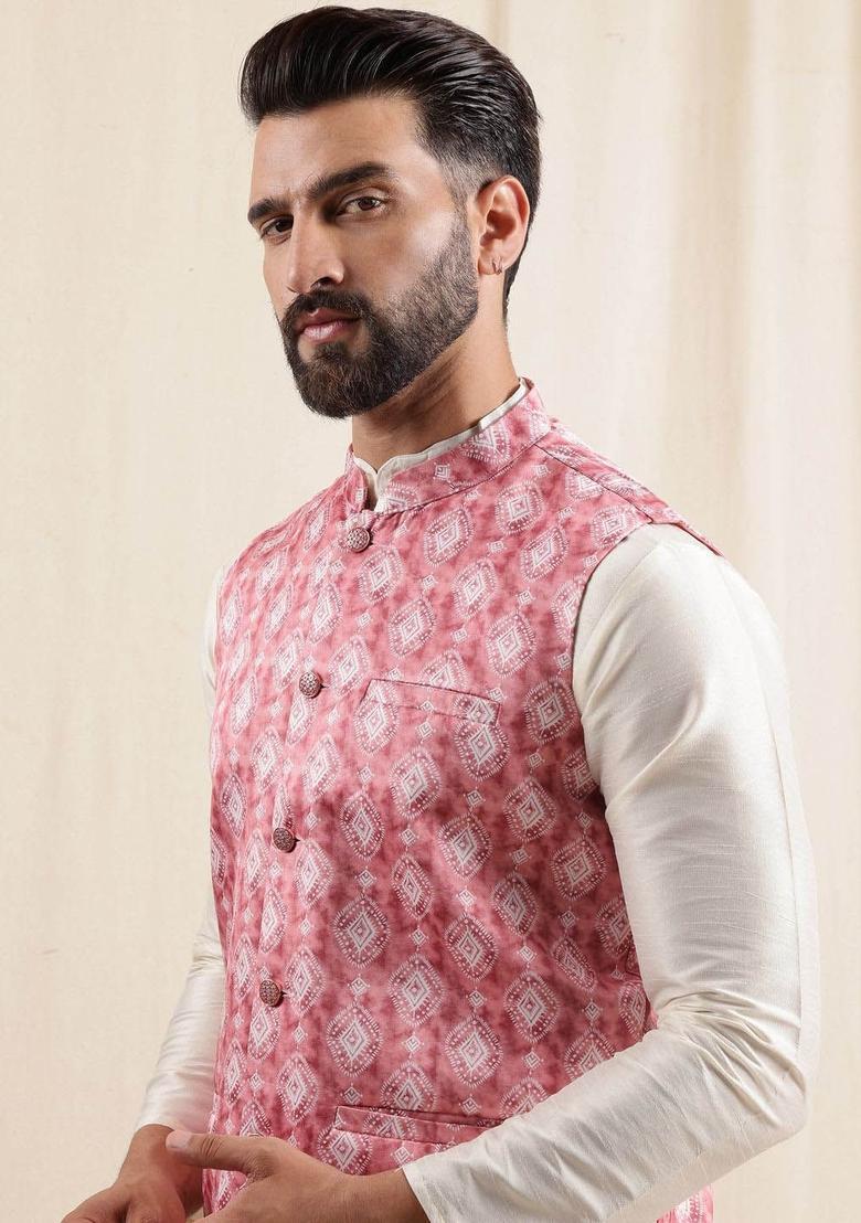 Beige Printed Silk Kurta Set For Men - Indya
