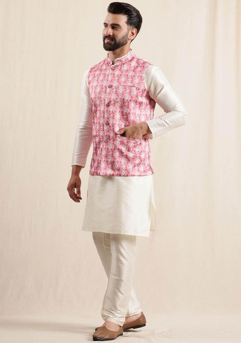 Beige Printed Silk Kurta Set For Men - Indya