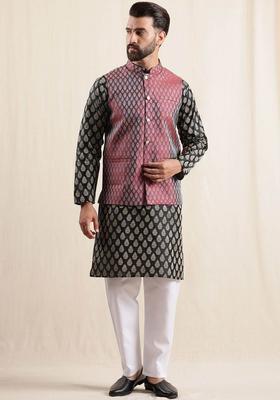 Black Printed Silk Kurta Set For Men