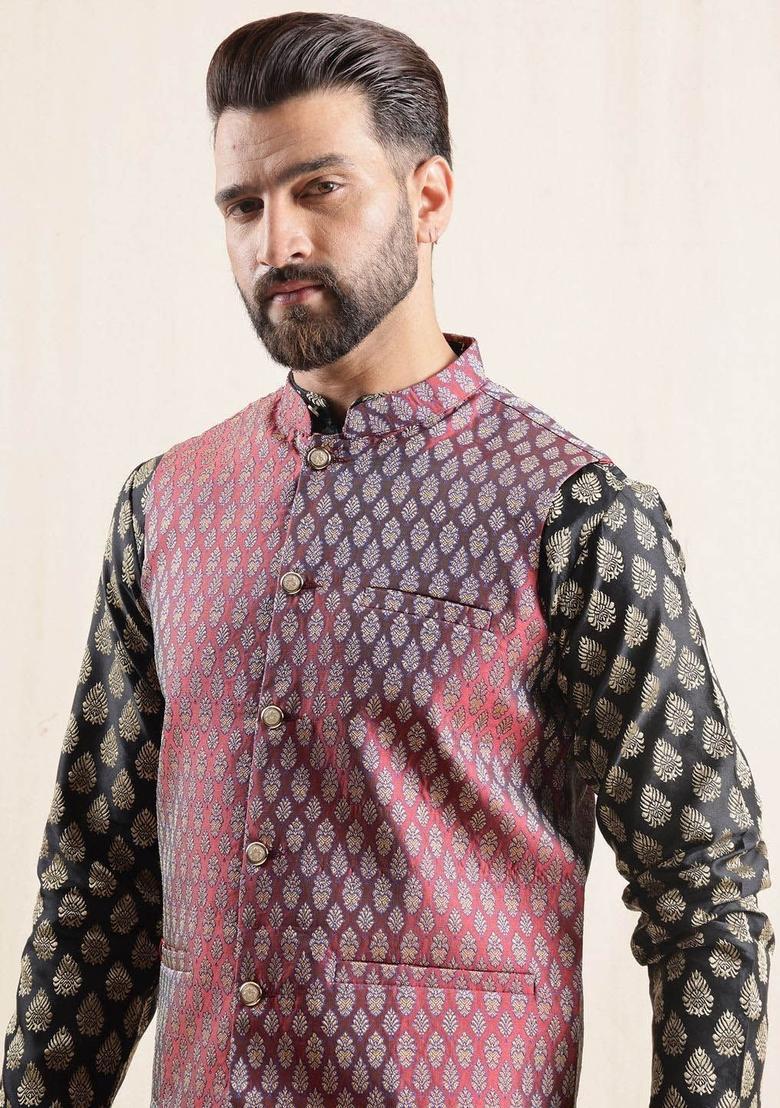 Black Printed Silk Kurta Set For Men - Indya