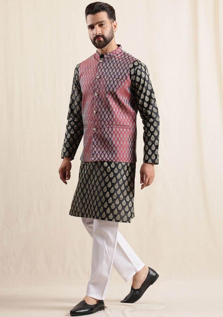 Black Printed Silk Kurta Set For Men - Indya