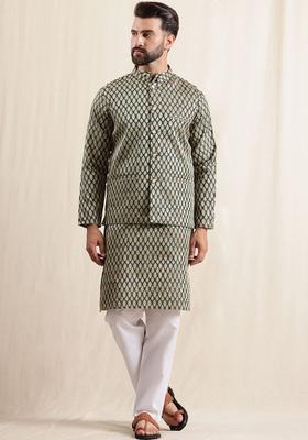 Green Woven Design Silk Kurta Set For Men