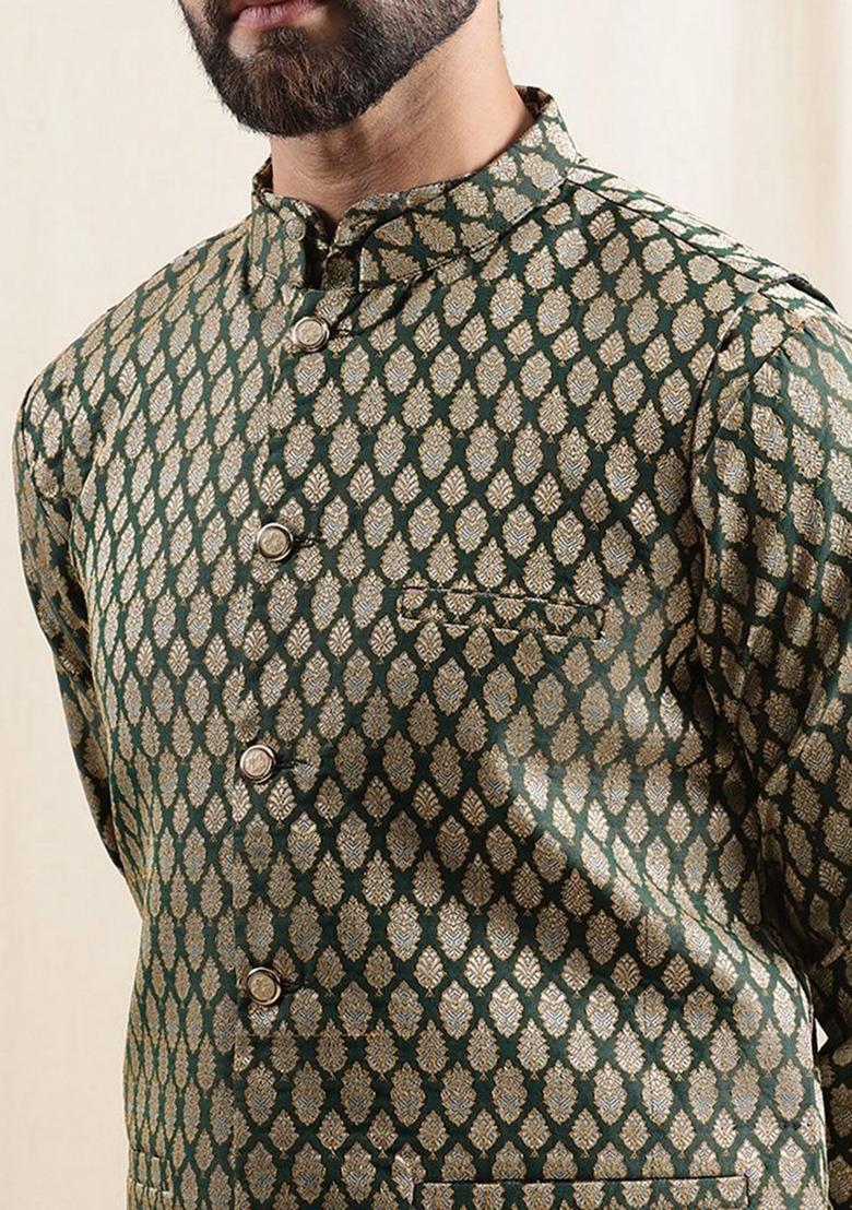 Green Woven Design Silk Kurta Set For Men - Indya