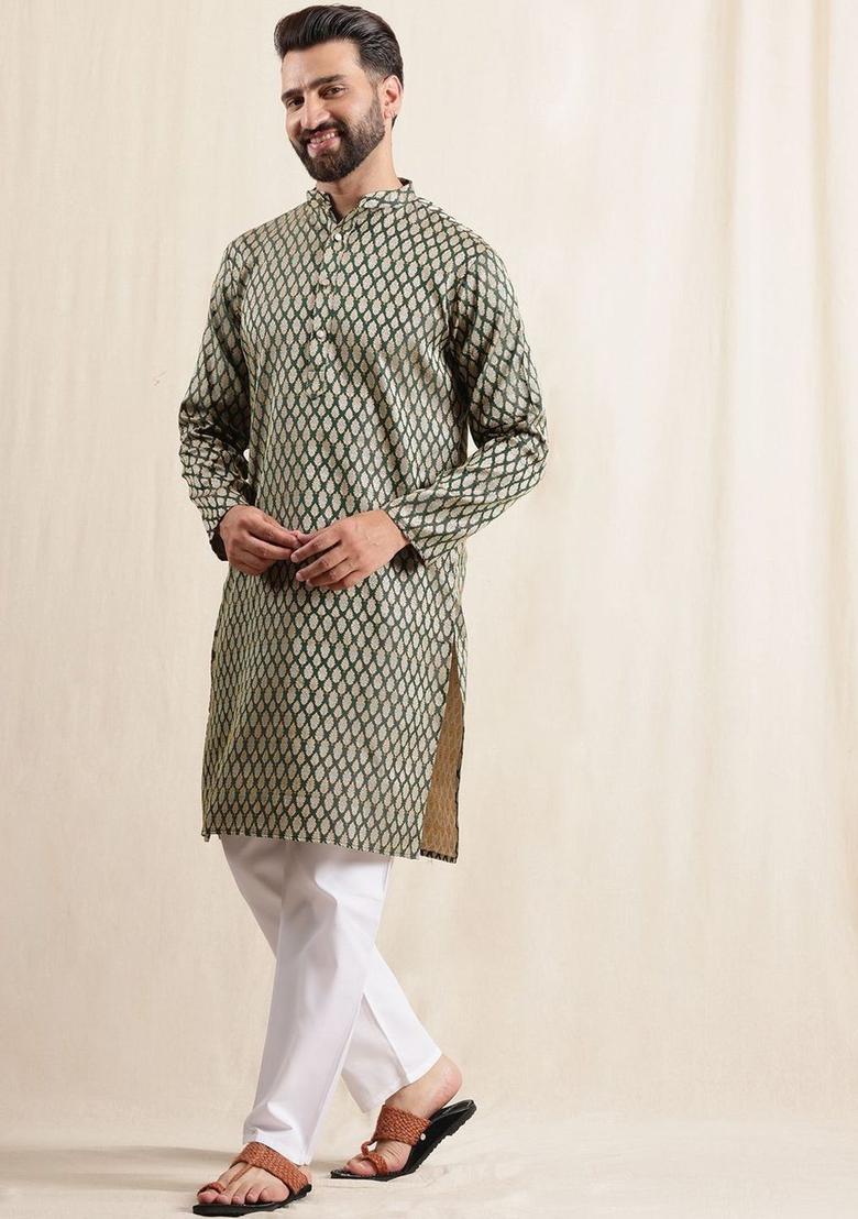 Green Woven Design Silk Kurta Set For Men - Indya