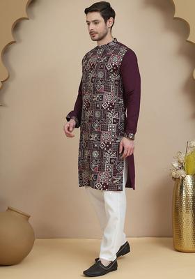 Purple Printed Silk Kurta Set For Men