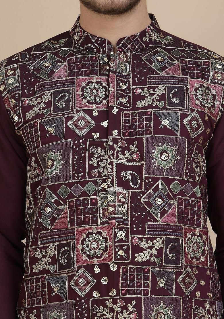 Purple Printed Silk Kurta Set For Men - Indya