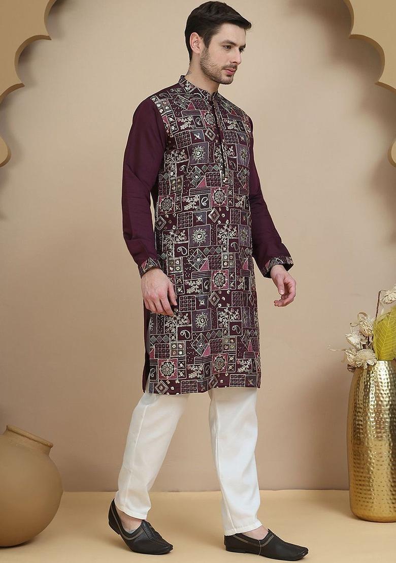 Purple Printed Silk Kurta Set For Men - Indya