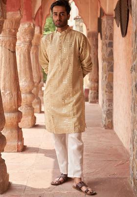 Beige Embroidered Silk Kurta Set For Men