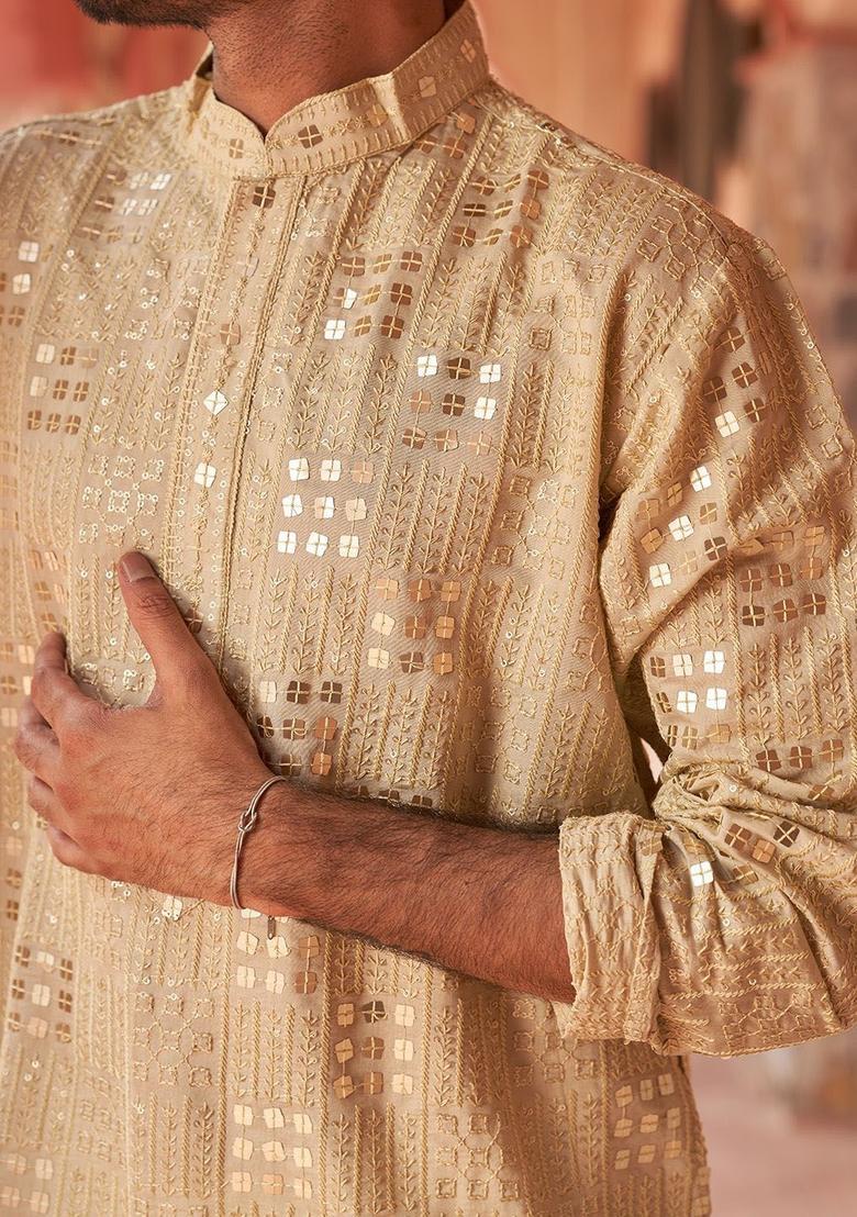 Beige Embroidered Silk Kurta Set For Men - Indya