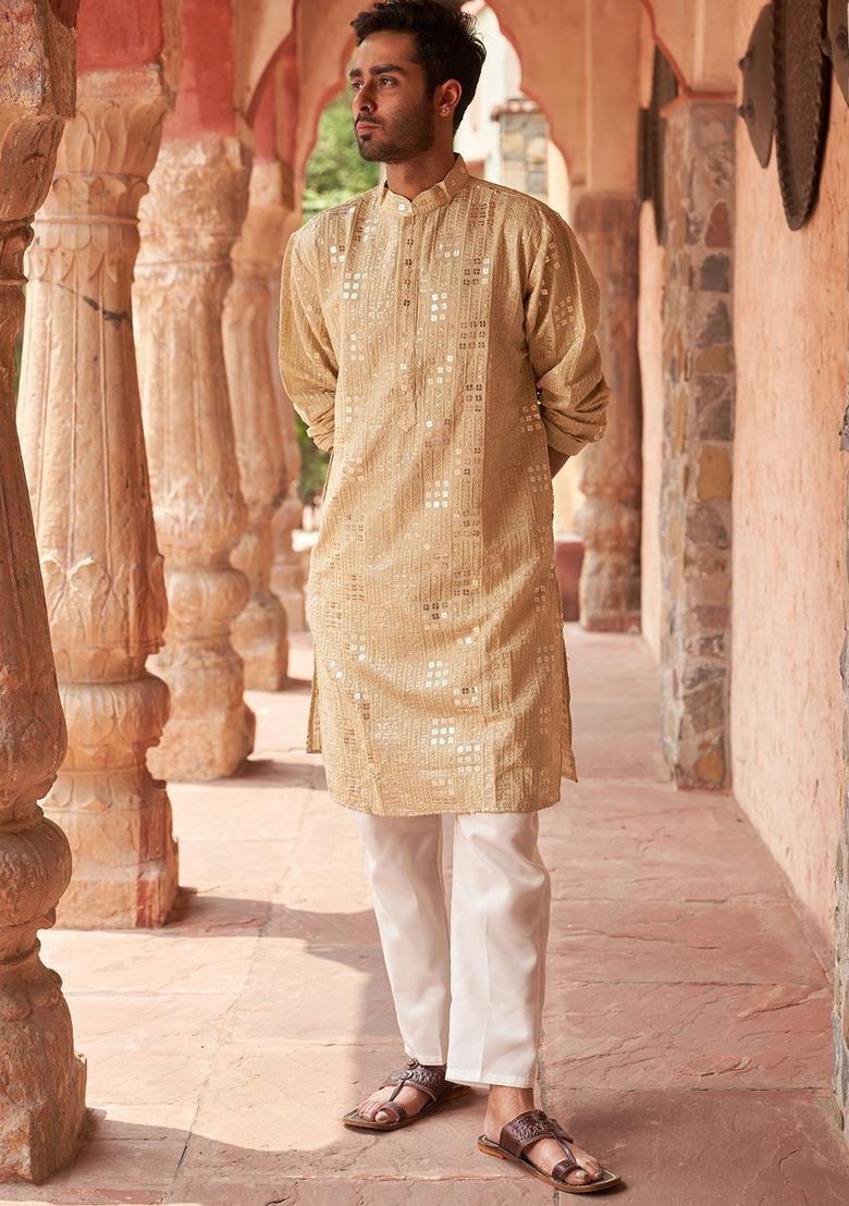 Beige Embroidered Silk Kurta Set For Men - Indya