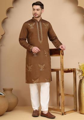 Brown Embroidered Silk Kurta Set For Men