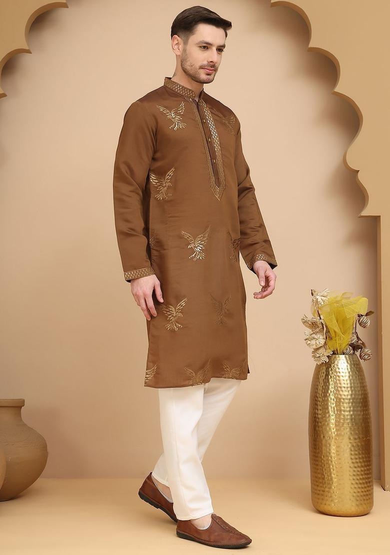 Brown Embroidered Silk Kurta Set For Men - Indya