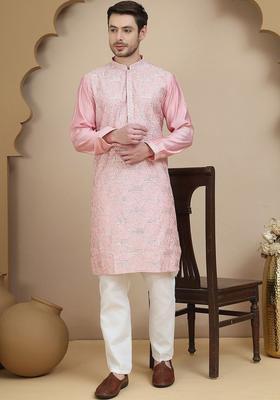 Pink Embroidered Silk Kurta Set For Men