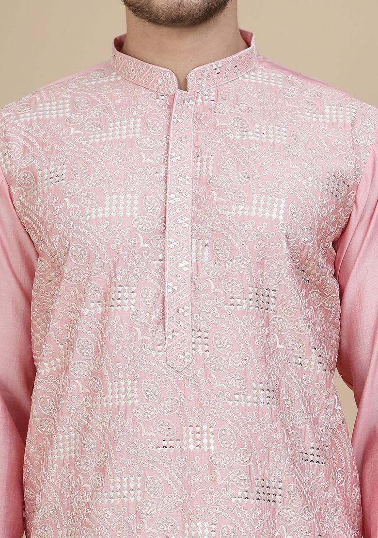 Pink Embroidered Silk Kurta Set For Men - Indya
