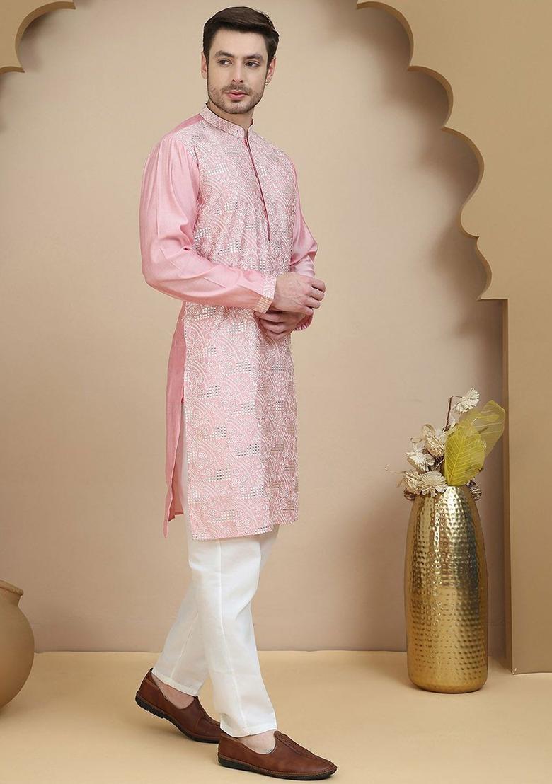 Pink Embroidered Silk Kurta Set For Men - Indya