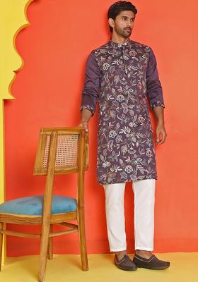 Purple Embroidered Silk Kurta Set For Men