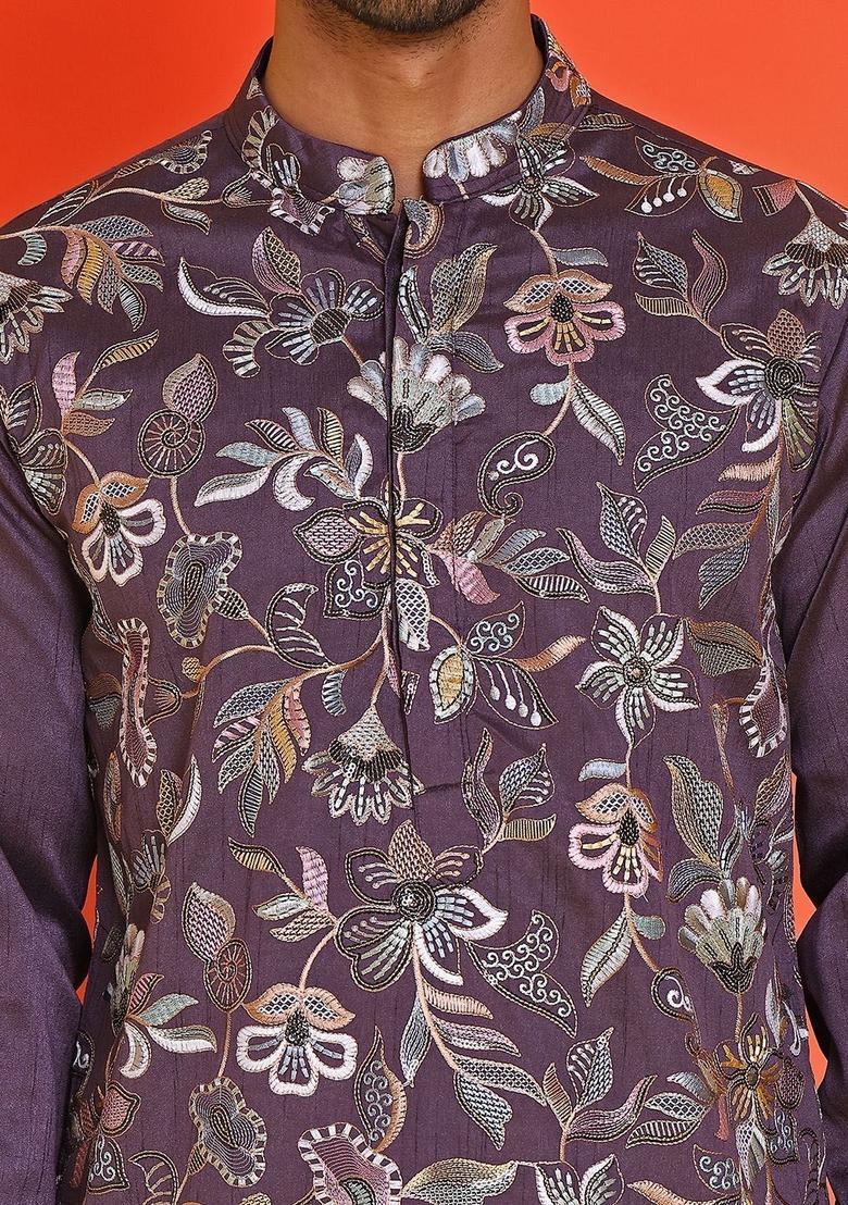 Purple Embroidered Silk Kurta Set For Men - Indya