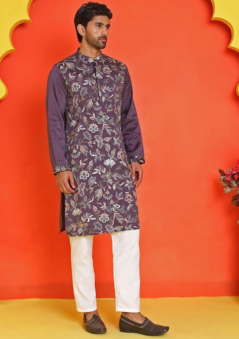 Purple Embroidered Silk Kurta Set For Men - Indya