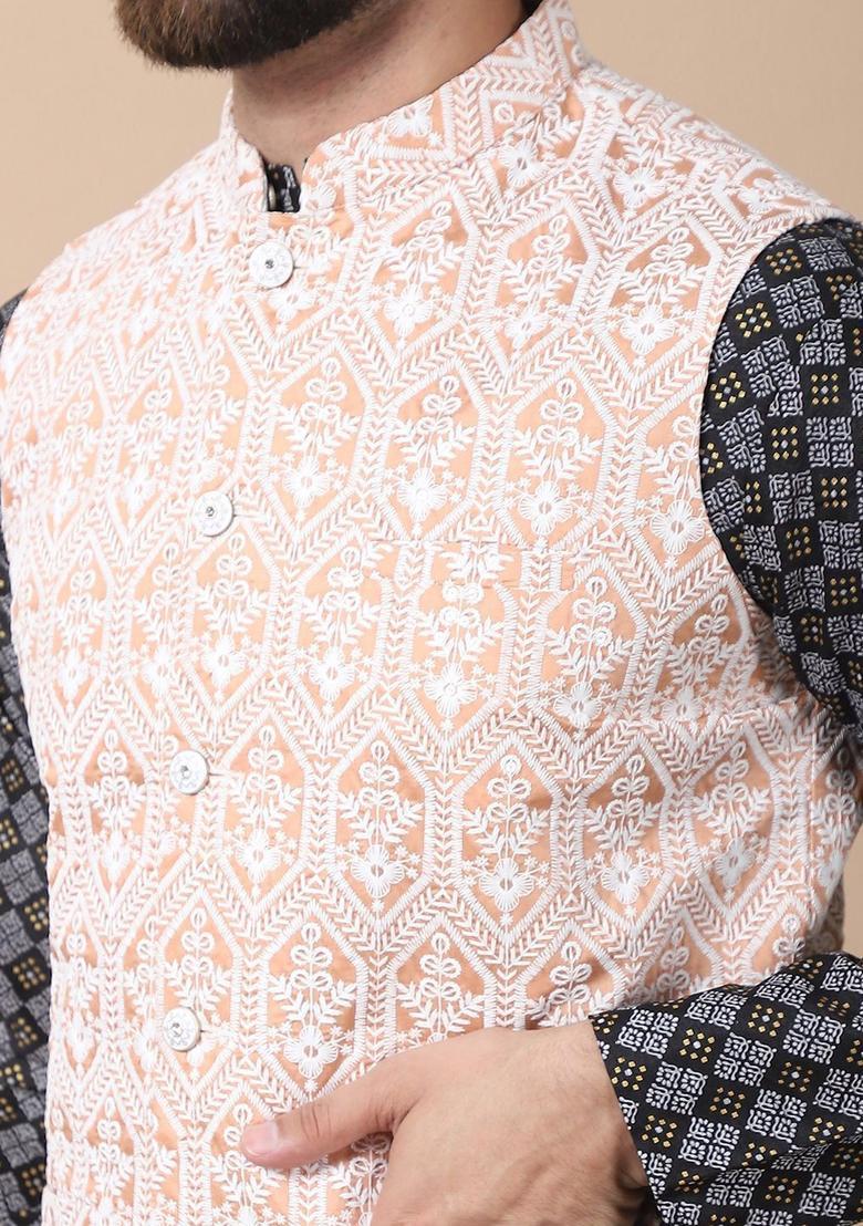 Black Printed Silk Kurta Set For Men - Indya