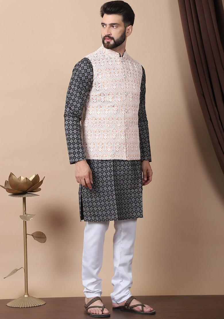 Black Printed Silk Kurta Set For Men - Indya