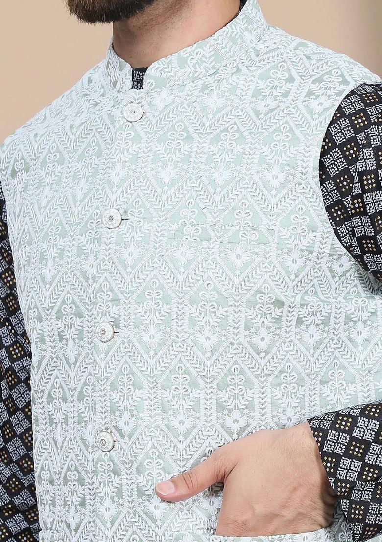 Black Printed Silk Kurta Set For Men - Indya