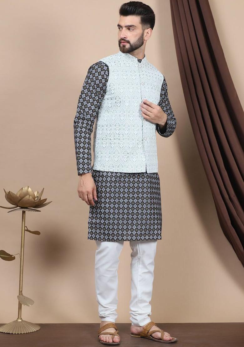Black Printed Silk Kurta Set For Men - Indya