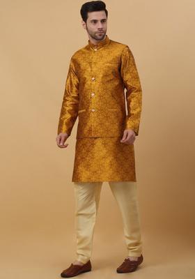 Yellow Printed Silk Kurta Set For Men