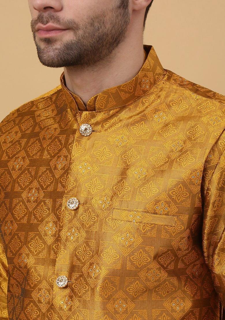 Yellow Printed Silk Kurta Set For Men - Indya