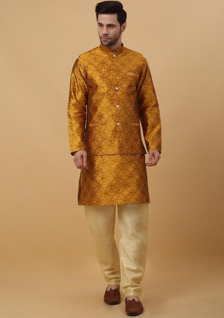 Yellow Printed Silk Kurta Set For Men - Indya