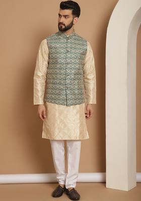 Beige Woven Design Silk Blend Kurta Set For Men