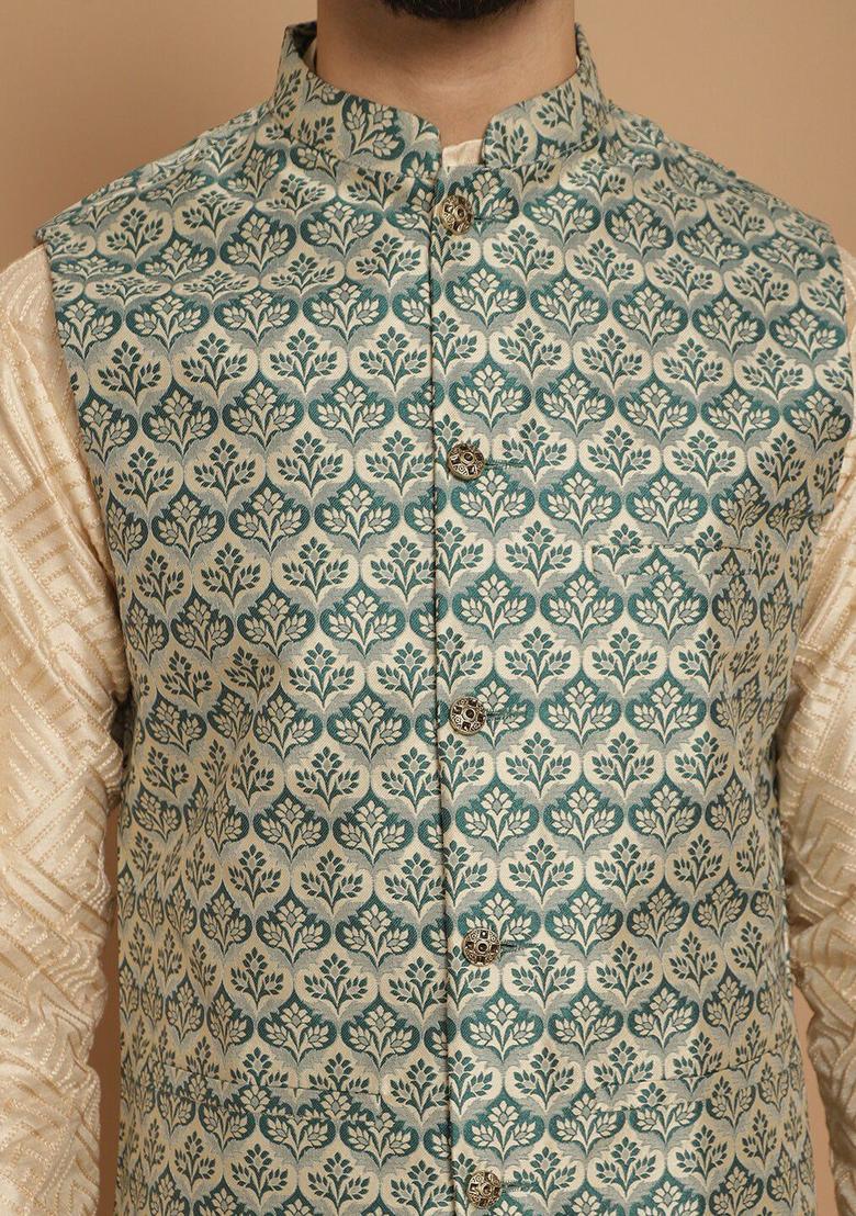 Beige Woven Design Silk Kurta Set For Men - Indya