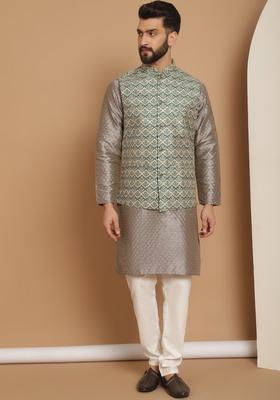Grey Self Design Silk Kurta Set For Men