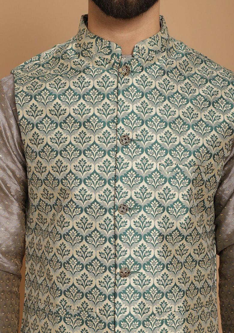 Grey Self Design Silk Kurta Set For Men - Indya