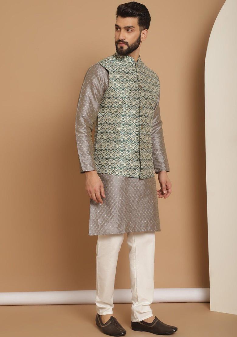Grey Self Design Silk Kurta Set For Men - Indya