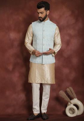 Beige Embroidered Silk Kurta Set For Men