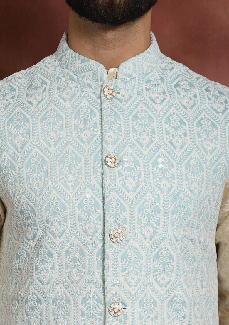 Beige Embroidered Silk Kurta Set For Men - Indya