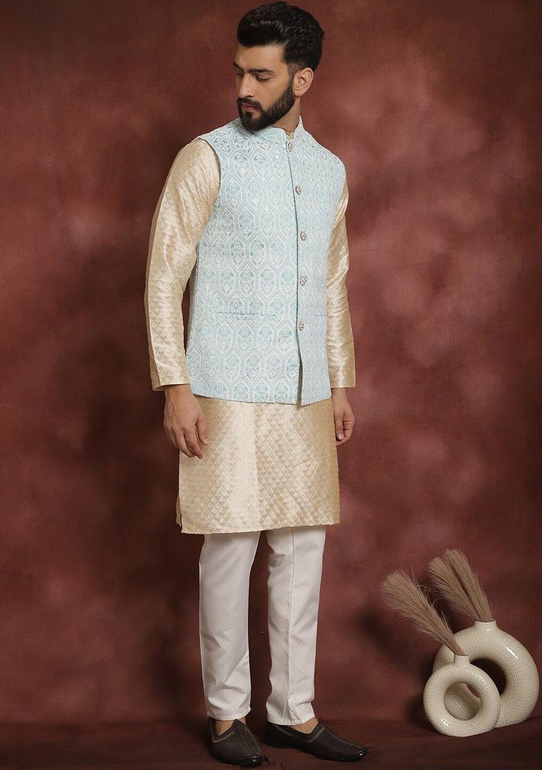 Beige Embroidered Silk Kurta Set For Men - Indya