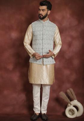Beige Woven Design Silk Blend Kurta Set For Men