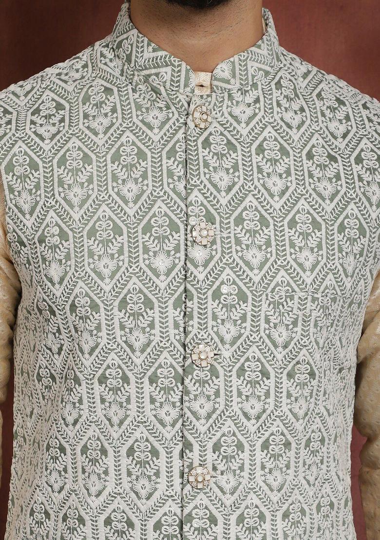 Beige Woven Design Silk Kurta Set For Men - Indya