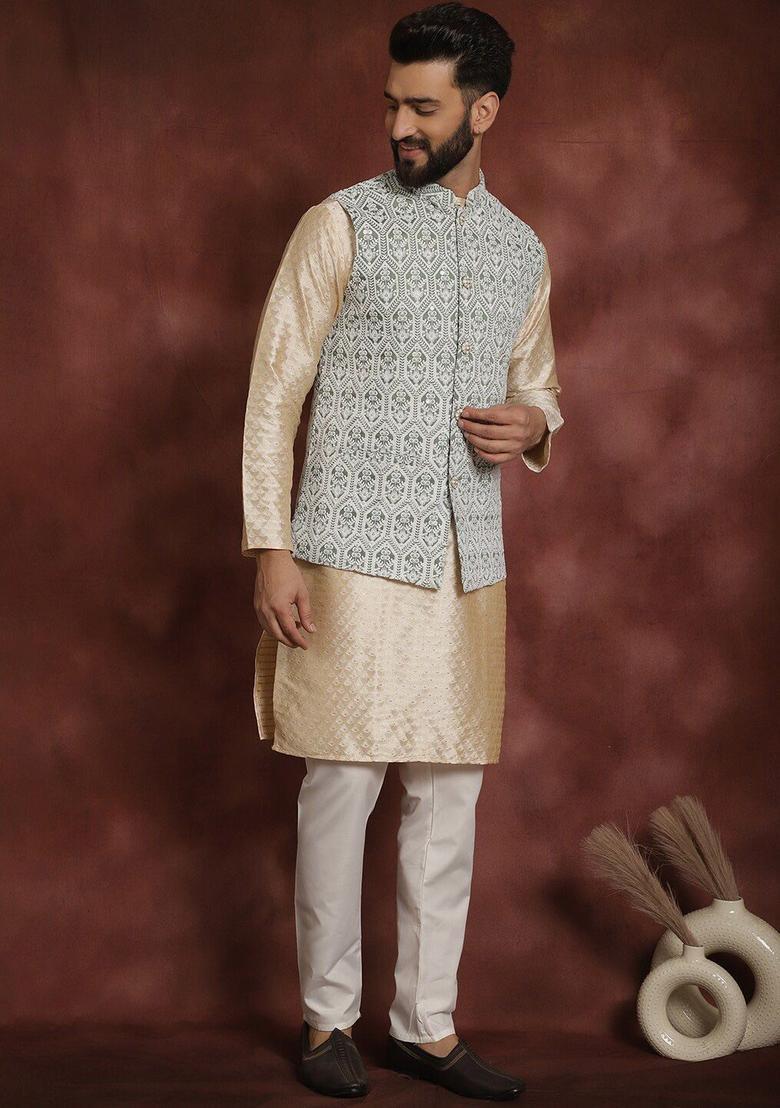 Beige Woven Design Silk Kurta Set For Men - Indya