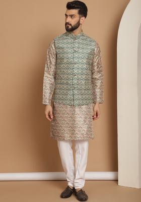 Beige Woven Design Silk Blend Kurta Set For Men