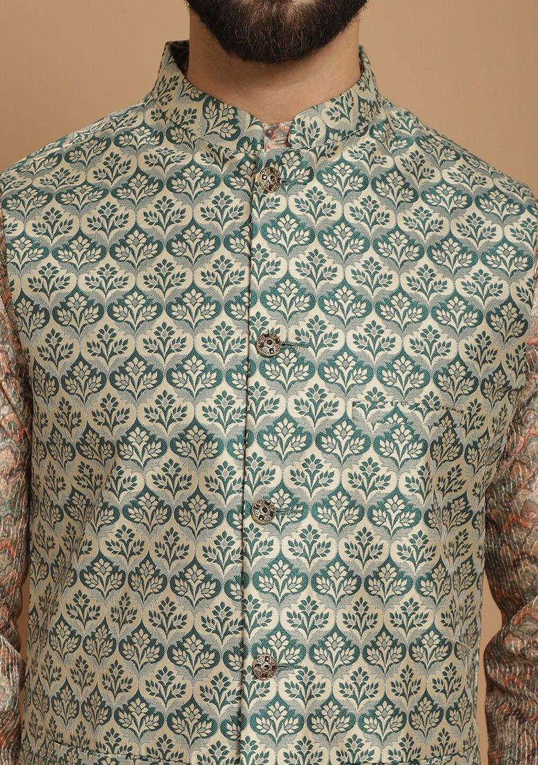 Beige Woven Design Silk Kurta Set For Men - Indya