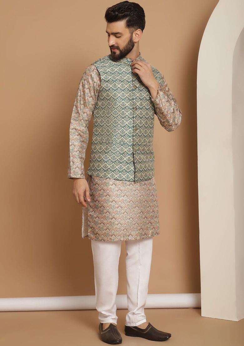 Beige Woven Design Silk Kurta Set For Men - Indya