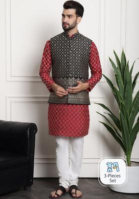 Maroon Embroidered Silk Kurta Set For Men